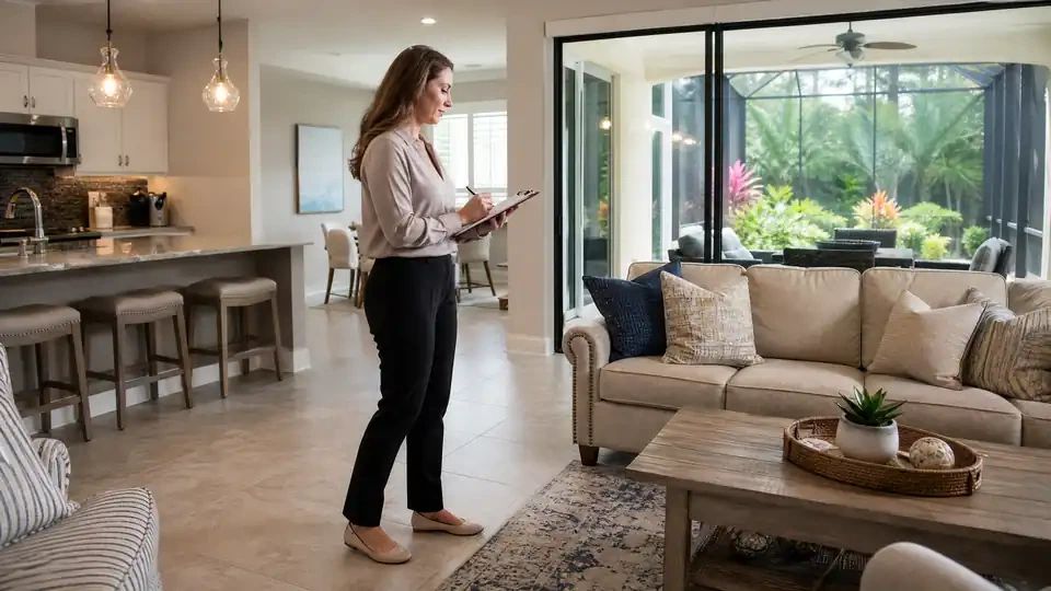 Property manager inspecting a furnished Estero FL rental before seasonal tenants arrive